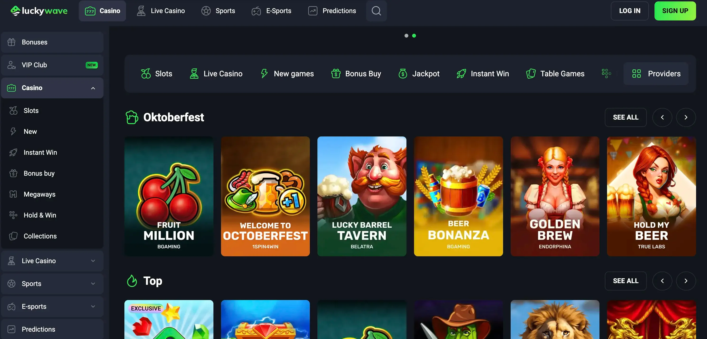 Die Slot-Lobby im Luckywave Casino mit Kategoriefiltern für Slots, Megaways und Bonus Buy sowie einer Oktoberfest-Auswahl von BGaming, Belatra und Endorphina