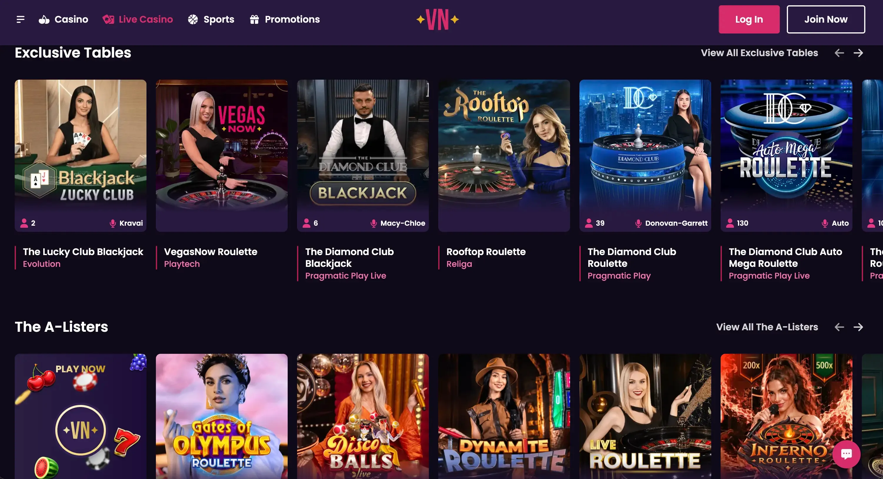 Exklusive Live-Tische im VegasNow Casino mit Blackjack und Roulette von Evolution, Playtech und Pragmatic Play Live, jeweils mit Spielerzahl und Dealer-Namen